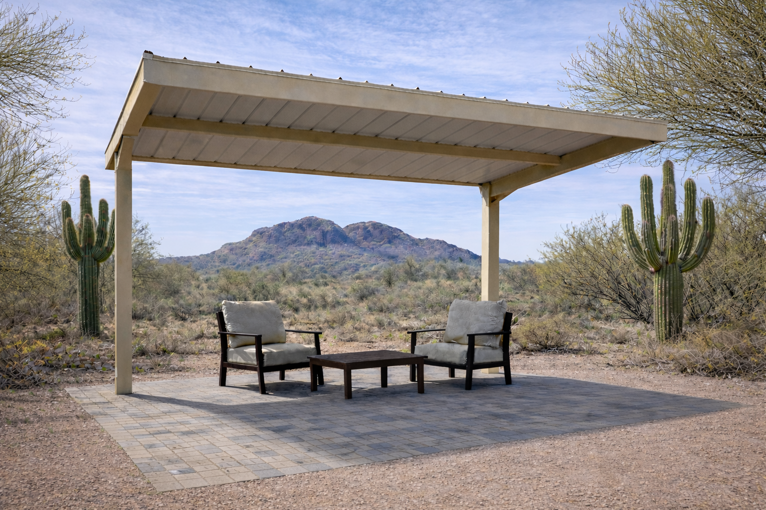 12x10 cantilever carport in Arizona desert with seating area and saguaro cacti