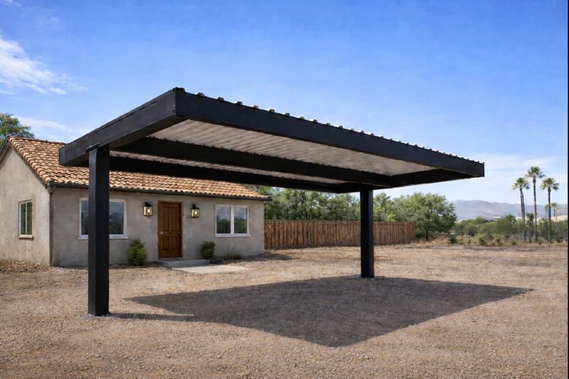 Modern black cantilever carport attached to home in Mesa Arizona with dramatic overhang